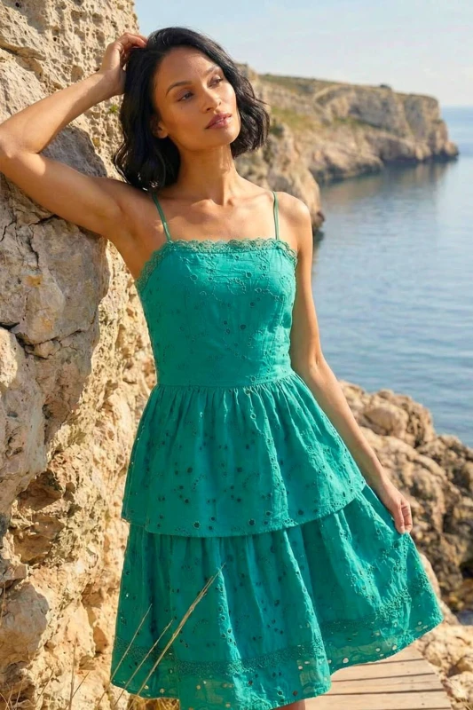 Image of Dusk Womens Tiered Broderie Dress in Green Size: 12 Green Female 12