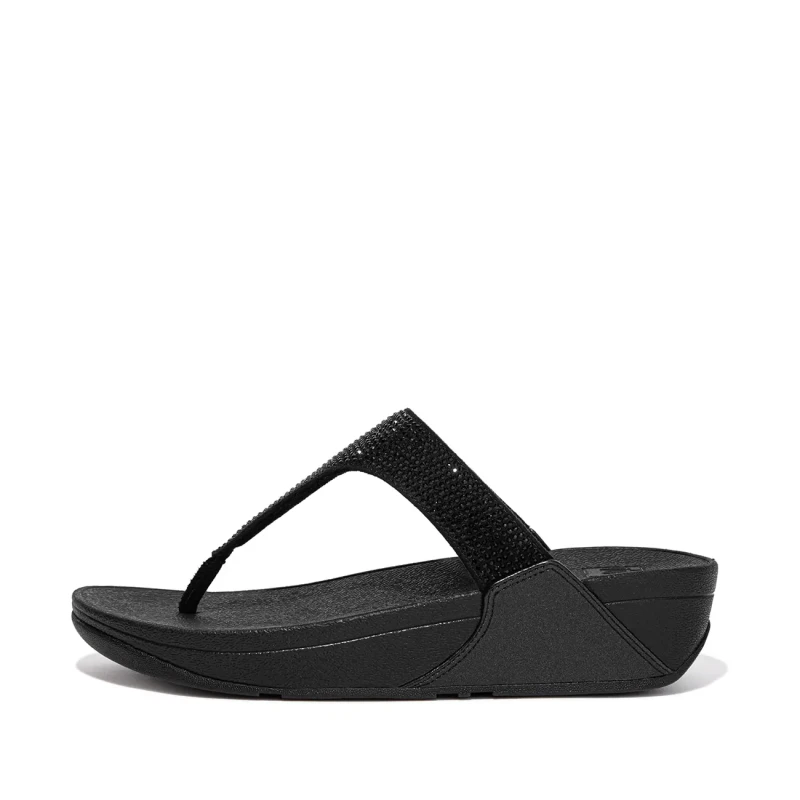 Image of FitFlop Lulu Crystal Embellished Synthetic Womens Toe Post Sandals - All Black - Size:UK 6