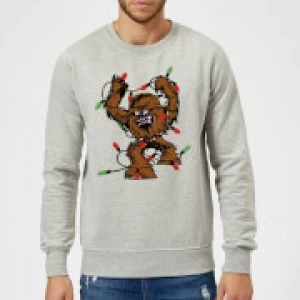 Image of Star Wars Tangled Fairy Lights Chewbacca Grey Christmas Sweatshirt - M - Grey