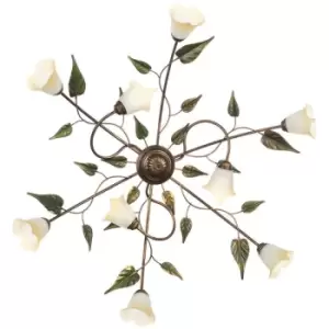 Image of Onli Miranda 9 Light Multi Arm Semi Flush Ceiling Lamp, Antique Gold, Glass Shades