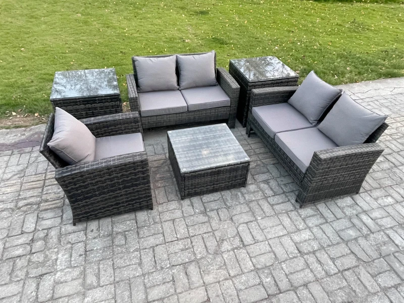 Image of Fimous Outdoor Rattan Garden Furniture Set Conservatory Patio Sofa Coffee Table Set with Chair 2 Side Tables Dark Grey Mixed Dark Grey Unisex