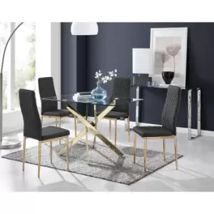 Image of Furniturebox Leonardo 120cm Modern Glass And Gold Metal Leg Dining Table And 4 Black Milan Faux Leather Gold Leg Dining Chairs