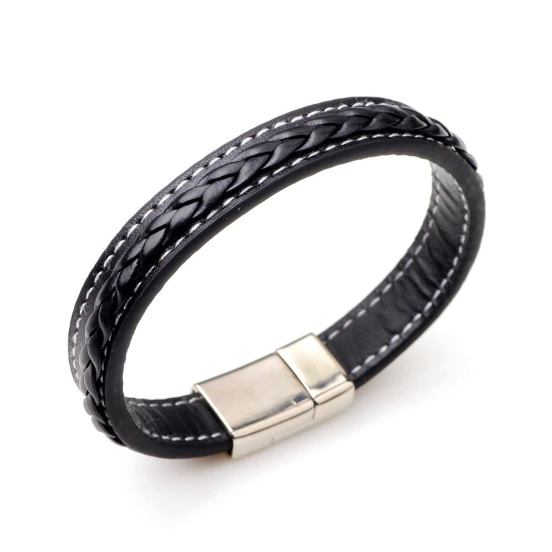 Image of Aye Do Gifts Mens Stitched Black Leather Bracelet 6319-NP-MFAU Black male One Size