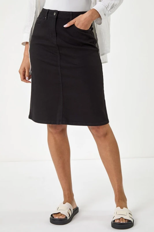 Image of Roman Cotton Denim Stretch A line Skirt Black