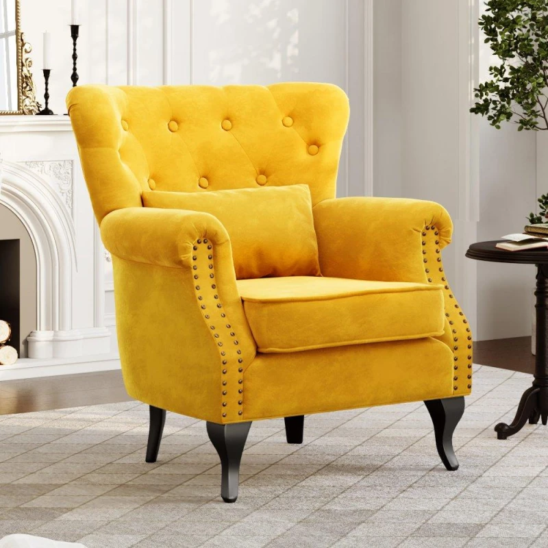 Image of Kabinet UK Upholstered Modern Armchair with Lumbar Pillow Yellow unisex One size