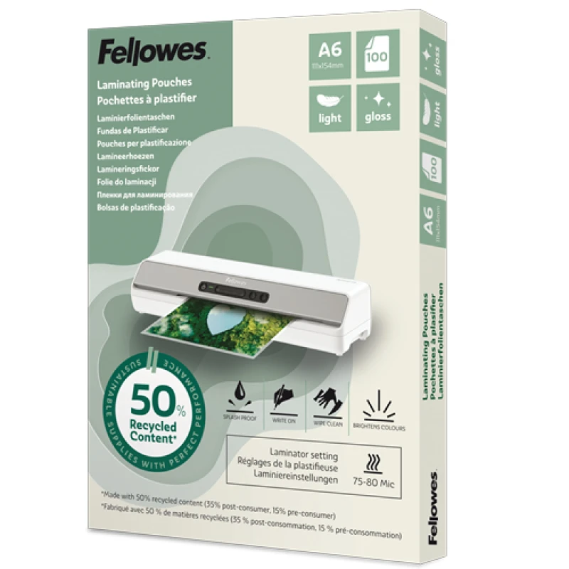 Image of Fellowes Fellowes Recycled Laminating Pouches 80 Micron A6 Gloss (Pack of 100) 100143441 100143441