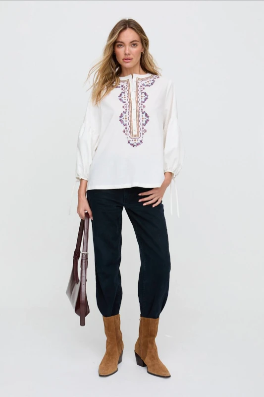 Image of Raffya Womens Anai Half Placket Embroidered Blouse In Cream Size: 10 Cream Female 10