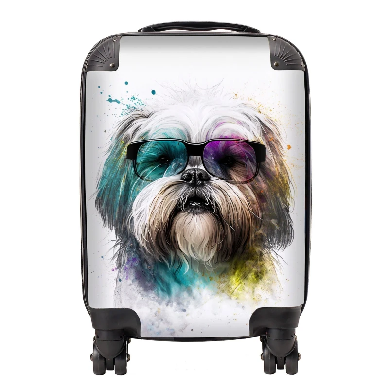 Image of Warren Reed - Designer Lhasa Apso Face Glasses Splashart Suitcase Size: Large Multicolor Unisex Large