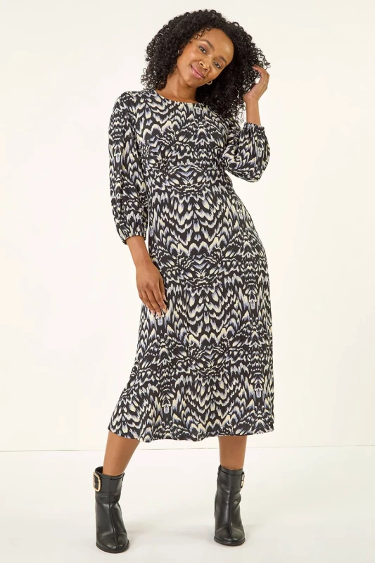 Image of Roman Womens Petite Abstract Stretch Midi Dress in Black Size: 16 Black Female 16