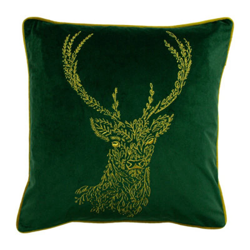 Image of Furn Forest Fauna Embroidered Woodland Stag Piped Cushion Emerald