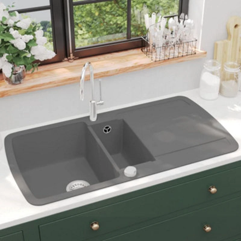Image of Vidaxl Granite Kitchen Sink Double Basin Grey Kitchen Sinks