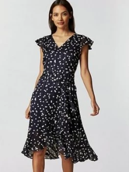 Image of Wallis Petite Multi Spot Ruffle Dress - Navy, Size 14, Women