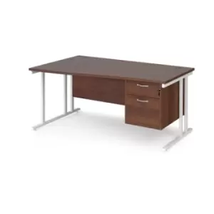 Image of Office Desk Left Hand Wave Desk 1600mm With Pedestal Walnut Top With White Frame Maestro 25 MC16WLP2WHW