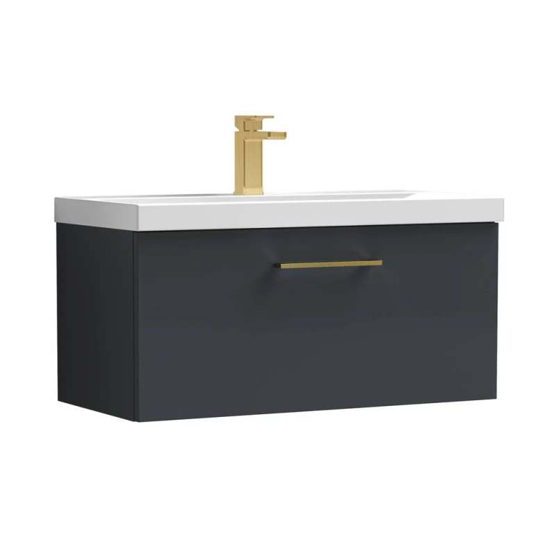 Image of Balterley 800mm Wall Hung 1 Drawer Vanity Basin Unit, Dark Grey, Brass Handle in Grey Grey Unisex