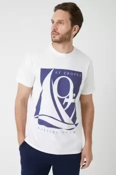 Image of White Slim Fit St Tropez Print T-Shirt