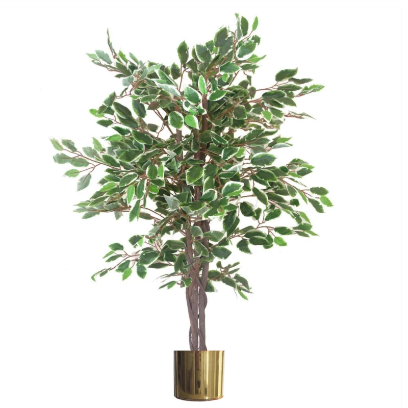 Image of N/A 130cm LARGE Realistic White Edge Ficus Artificial Plant Tree Gold Metal Planter