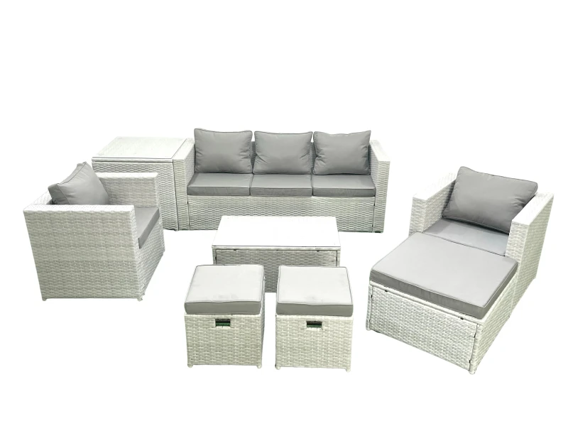 Image of Fimous Rattan Garden Outdoor Furniture Sofa Set with Rectangular Coffee Table 2 Chairs 3 Footstools Side Table Light Grey Mixed Light Grey