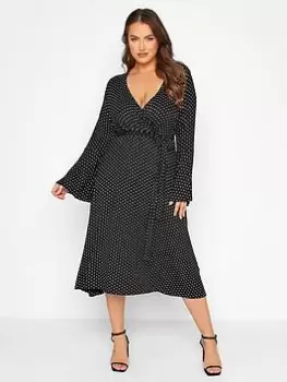 Image of Yours Flare Sleeve Wrap Dress - Polka Dot - Black, Size 16, Women