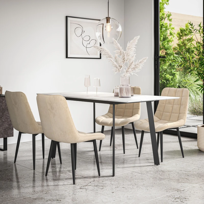 Image of More4Homes Haydon Extending Dining Table + Chairs- White Marble Effect Table Top W Black Legs + Nova Velvet Dining Chair Set Of 6 (Beige)