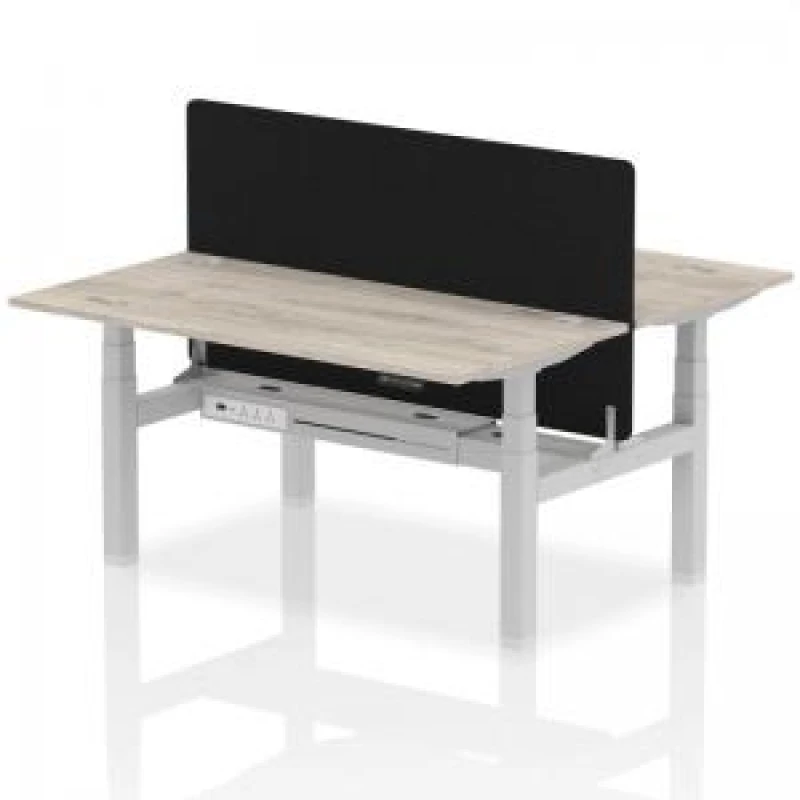 Image of Air Back - to - Back 1600 x 800mm Height Adjustable 2 Person Bench Office Desk Grey Oak Top - Cable Ports Silver Frame - Black Straight Screen