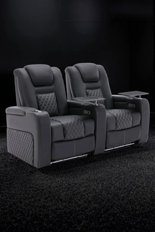 Image of More4Homes Broadway 2 Seater Electric Recliner Cinema Sofa USB Charging LED Base With Tray (Black W White Stitching)