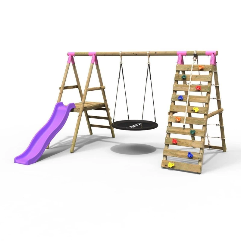 Image of Rebo Wooden Swing Set with Nest Swing, Slide and Climbing Wall - Pyrite Pink Pink
