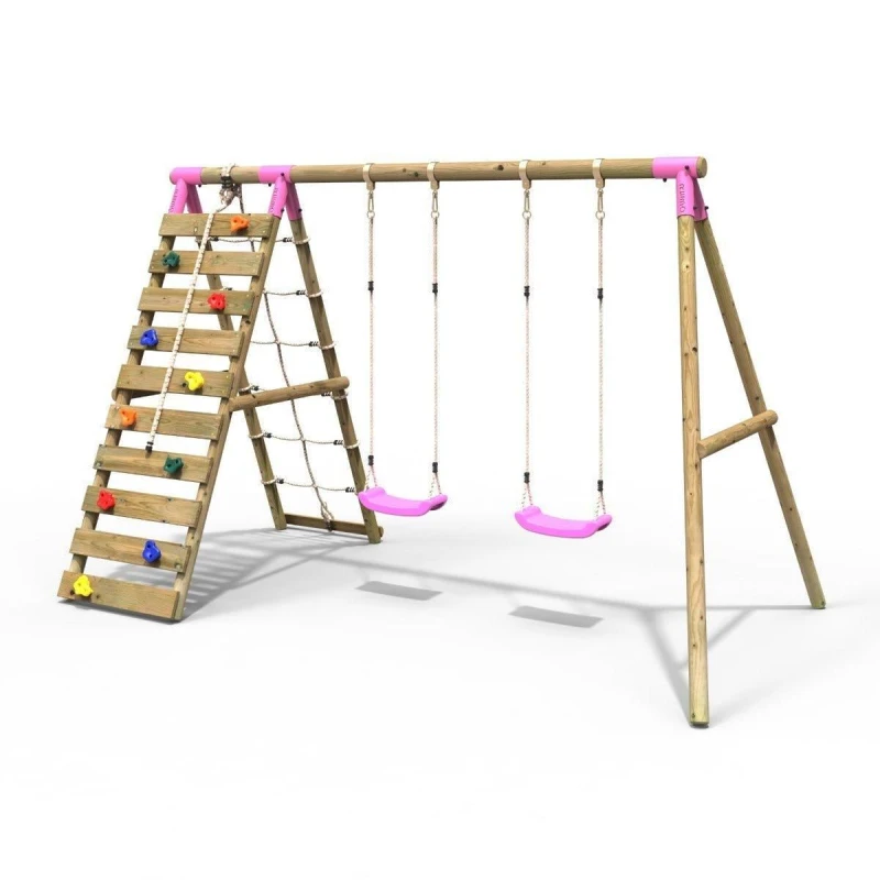 Image of Rebo Wooden Double Swing Set with Up and Over Climbing Wall - Ela Pink Pink