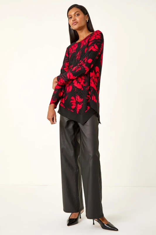 Image of Roman Womens Floral Jacquard Chiffon Hem Top in Red Size: 14 Red Female 14