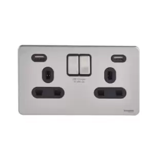 Image of Schneider USFP 2G Switched Socket Double Pole 2x USB 4A Black Insert Stainless Steel - GGBGU3424DBSS
