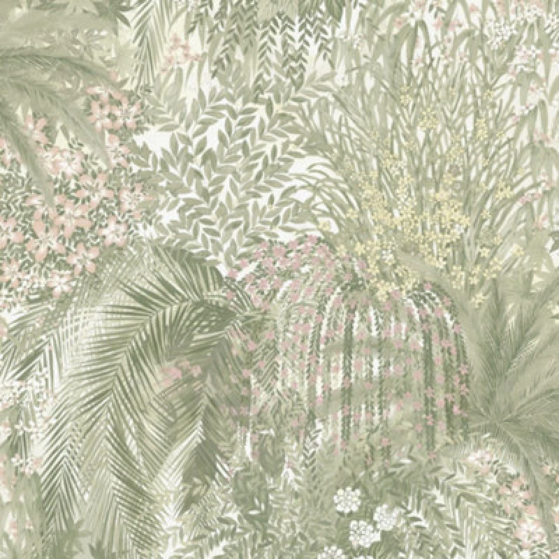 Image of Grandeco Paradise Trees Foliage And Flowers Smooth Wallpaper, Green Blush Pink