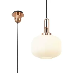 Image of Luminosa 1 Light Pendant E27 With 30cm Pumpkin Shaped Ribbed Glass, Opal Copper, Matt Black