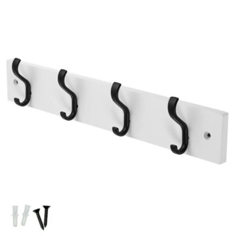 Image of Keypak Wall-Mounted Coat Rack - 4 Hooks On Modern Wooden Base For Wall & Door - 38Cm (Matte Black/white)