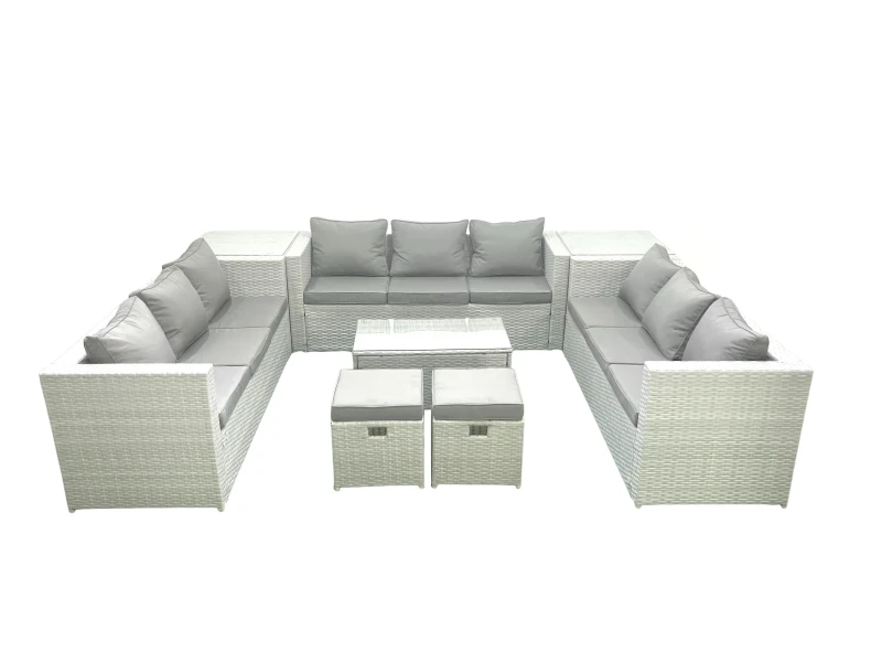 Image of Fimous Rattan Garden Outdoor Furniture Set 11 Seater Garden Sofa Coffee Table Set with 2 Small Footstool 2 Side Tables Light Grey Mixed Light Grey