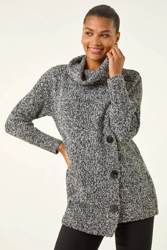 Image of Roman Womens Roll Neck Button Detail Longline Jumper in Black Size: 20 Black Female 20