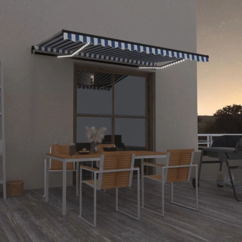 Image of VIDAXL Manual Retractable Awning with LED 450x350cm Blue and White Vidaxl 8720286395257