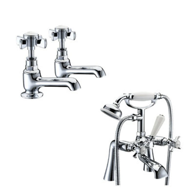 Image of Balterley Crosshead Basin Pillar Taps & Bath Shower Mixer Tap with Kit Chrome in Silver Silver Unisex