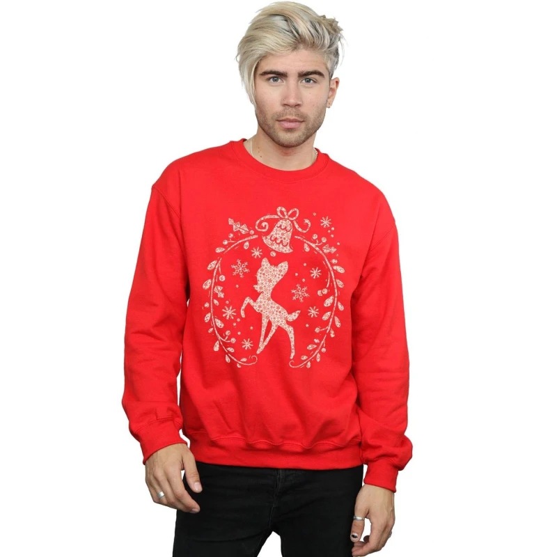 Image of Disney Men Bambi Christmas Wreath Sweatshirt in Red Size: Small Red S Male 5057245992695