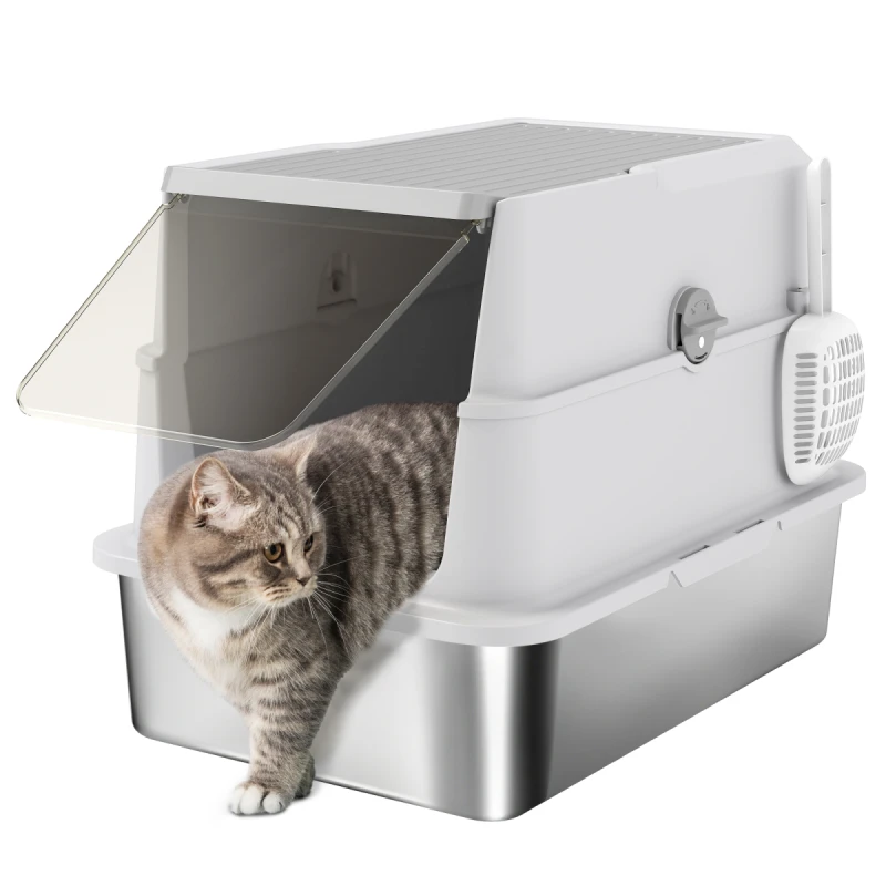 Image of PawHut Extra Large Stainless Steel Cat Litter Tray with Scoop, Flip Top D31-141V02LG