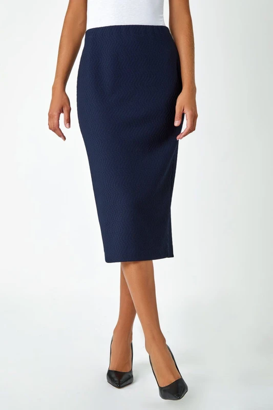 Image of Roman Womens Textured Elastic Waist Pencil Midi Skirt in Navy Size: 18 Navy Female 18