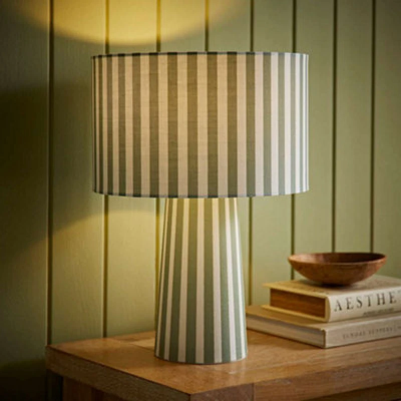 Image of ValueLights ValueLights Thorley Green and Cream Stripe Drum Shade Full Fabric Table Lamp in Pale Green Pale Green One Size Unisex 5016529271642