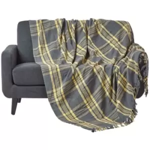 Image of Grey & Yellow Tartan Check Sofa and Bed Throw, 255 x 360cm - Grey - Homescapes