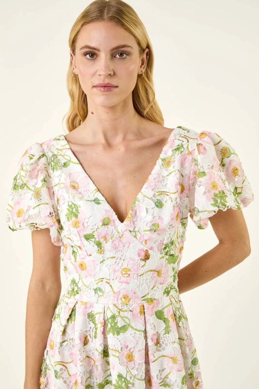 Image of Roman Womens Floral Crochet Lace Midi Dress in Ivory Size: 16 Ivory Female 16