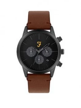 Image of Farah Black and Grey Detail Chronograph Dial Brown Leather Strap Mens Watch, One Colour, Men