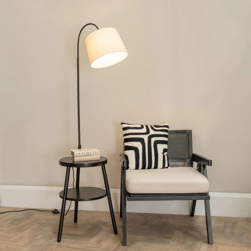 Image of ValueLights Crowther Wooden Side Table Shelved Tripod Floor Lamp with Fabric Shade & Bulb Black