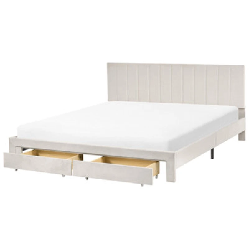 Image of Beliani Bed With Storage Drawers Velvet Lonzac 180 X 200 Cm (Eu Super King) Off-White