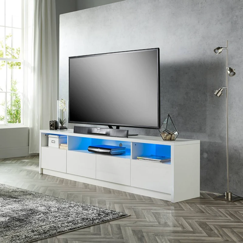 Image of MMT Funiture Designs Modern White 200Cm Matt Gloss TV Stand Cabinet Suitable For 55 65 70 75 80" 4K LED Flat Screen Tv's