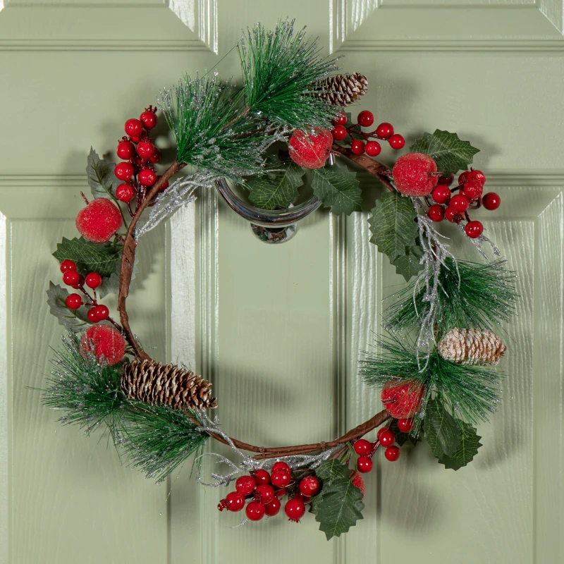 Image of 45cm Hanging Christmas Wreath with Apples and Red Berries