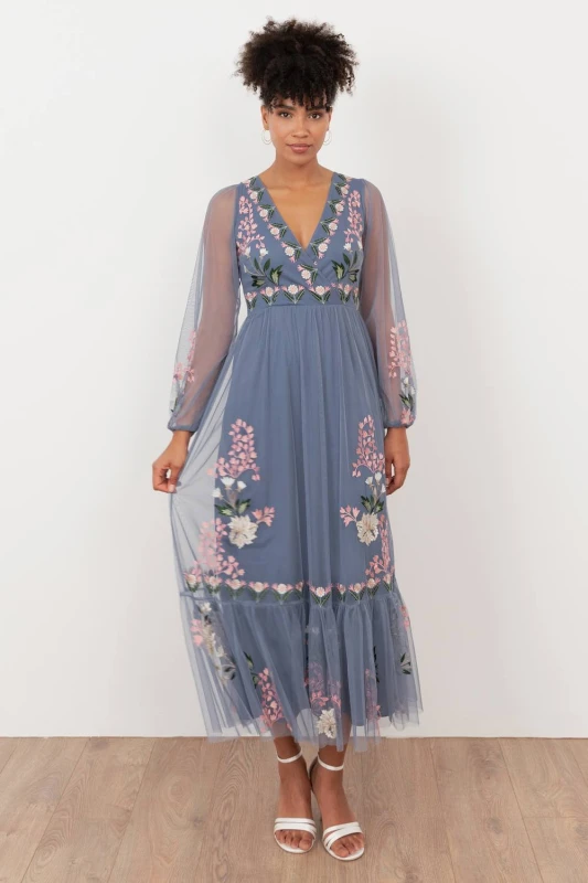 Image of Maya Deluxe Womens Embroidered Faux Wrap Long Sleeve Midaxi Dress in Mid Blue Size: 8 Mid Blue Female 8