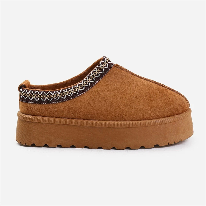 Image of Where's That From 'Freeze' Flatform Embroidered Low Ankle Slipper Boots Brown