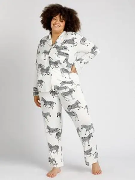 Image of CHELSEA PEERS Curve Button Up Zebra Printed Long Pyjamas Set - White Size 20, Women